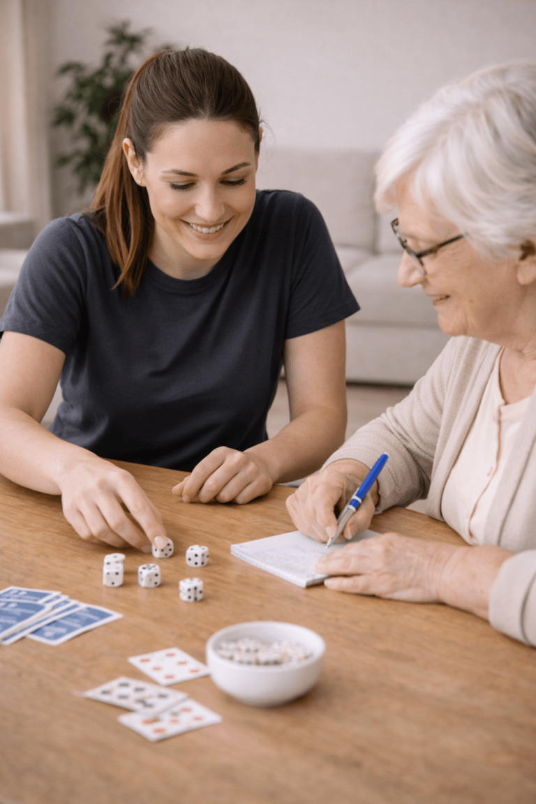 Eine Pflegekraft lächelt, während sie mit einer älteren Dame eine Mahlzeit teilt.